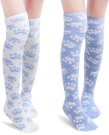 Cute Coral Fleece Thigh High Long Paws Patten Socks 2 Pairs - Blue : Clothing, Shoes & Jewelry