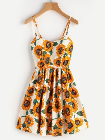 Sunflower Print Random Lace Up Back A Line Cami Dress
