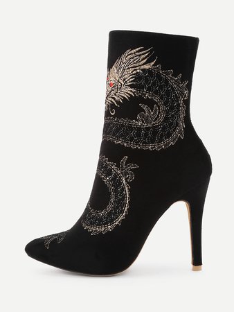 Dragon Embroidery High Heeled Ankle Boots