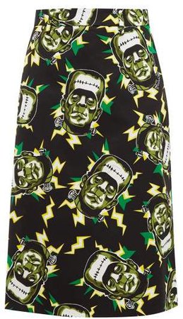 Frankenstein's Monster Print Cotton Pencil Skirt - Womens - Black Green
