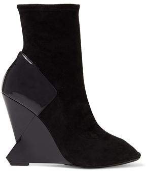 Patent Leather-paneled Suede Wedge Ankle Boots