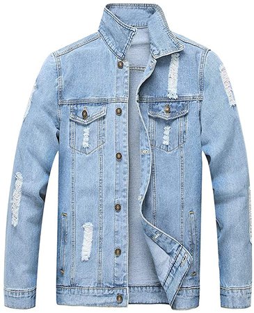 LZLER Jean Jacket for Men, Classic Ripped Slim Denim Jacket with Holes at Amazon Men’s Clothing store