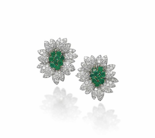 PAIR OF EMERALD AND DIAMOND EAR CLIPS, BY VAN CLEEF & ARPELS