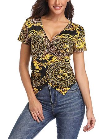 Wudodo Sexy Tops for Women Summer Short Sleeve V Neck Ruched Shirt Crop Blouse Yellow at Amazon Women’s Clothing store: