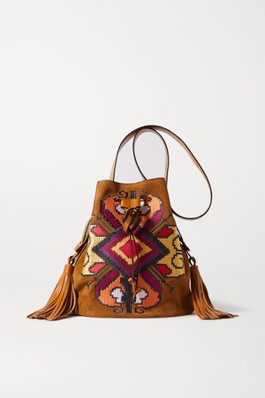 Tan Moshy leather-trimmed embroidered suede shoulder bag | Isabel Marant | NET-A-PORTER