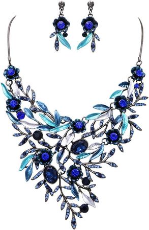 Amazon.com: Rosemarie Collections Women's Beautiful Colorful Floral Statement Bib Necklace and Earrings Set (Blue/Hematite): Clothing, Shoes & Jewelry