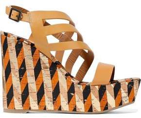 Veronica Cutout Leather And Printed Cork Wedge Sandals