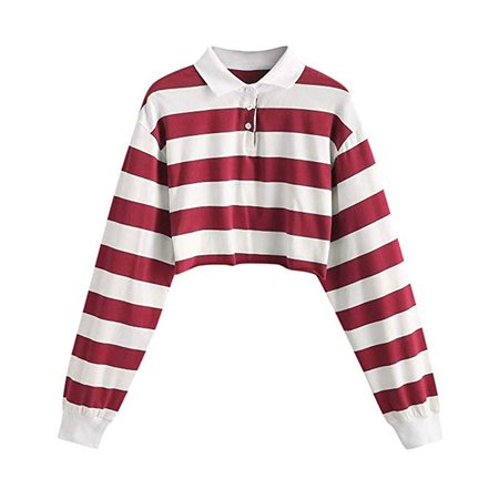 GREFER Womens Casual Blouse Drop Shoulder Striped Crop Pullover Sweatshirt Tops (XL, Q-Red) at Amazon Women’s Clothing store