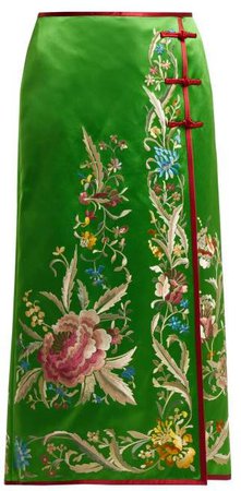 Floral Embroidered Silk Satin Skirt - Womens - Green