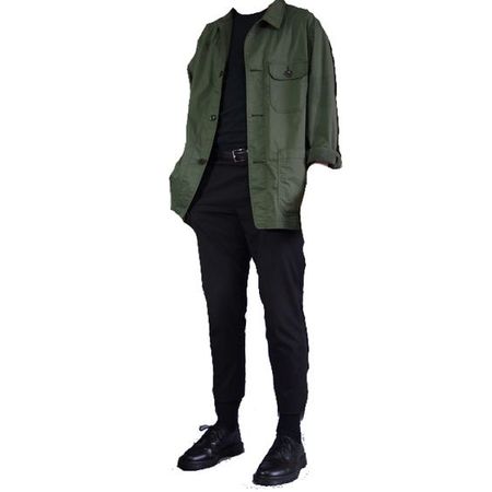 olive green jacket black pants outfit png