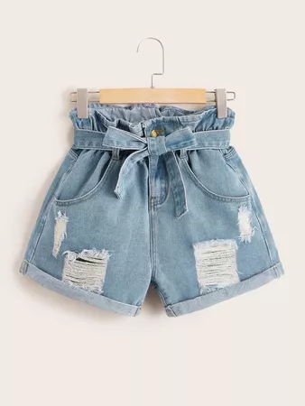 Belted Paperbag Waist Denim Shorts | SHEIN USA