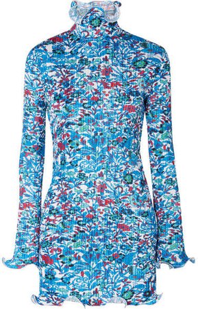 Floral-print Plissé-satin Mini Dress - Blue