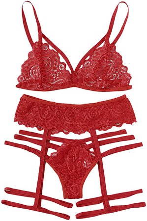 Amazon.com: WDIRARA Women's Sexy Floral Lace Scalloped Trim Panty Lingerie Set Red M: Clothing