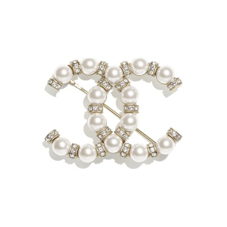 Chanel, brooch Metal, Glass Pearls & Strass Gold, Pearly White & Crystal