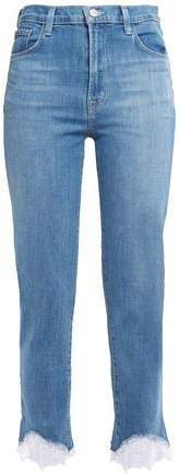 Cropped Lace-trimmed Mid-rise Slim-leg Jeans
