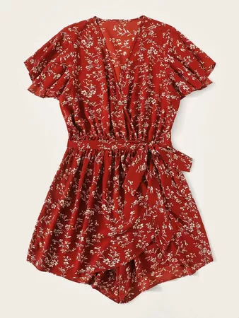 Plus Ditsy Floral Surplice Front Tie Side Romper | SHEIN USA
