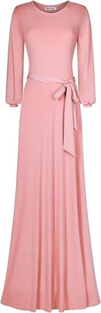 Bon Rosy Women's Solid Cuffed Long Sleeve Round Neck Maxi A-Line Dress Blush M at Amazon Women’s Clothing store