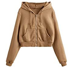 SheIn Women's Crop Zip Up Hoodie Pocket Drawstring Basic Zipper Hooded Sweatshirt Camel Large at Amazon Women’s Clothing store