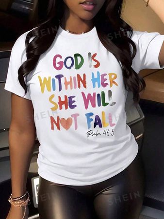 SHEIN Essnce Slogan Printed Round Neck Short Sleeve Casual T-Shirt | SHEIN USA