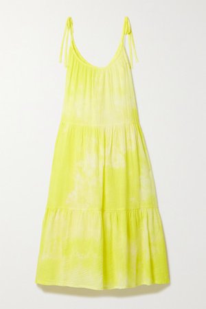 Daisy Tiered Tie-dyed Crinkled Cotton-gauze Dress - Yellow