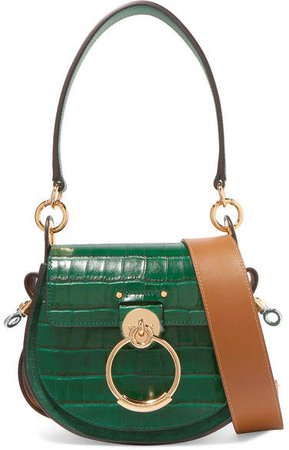 Tess Small Croc-effect Leather And Suede Shoulder Bag - Forest green