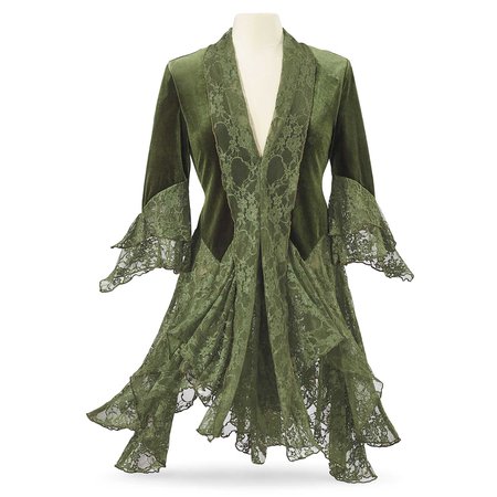Moss-Green Velvet & Lace Jacket - Women’s Romantic & Fantasy Inspired Fashions