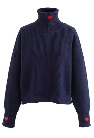 Embroidered Red Heart Turtleneck Crop Sweater in Navy - Retro, Indie and Unique Fashion