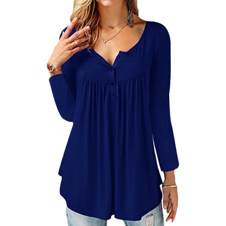 JustVH - JustVH Women's Solid Henley V-Neck Casual Blouse Pleated Button Tunic Shirt Top - Walmart.com
