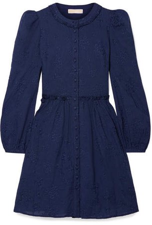 Embroidered Cotton-voile Mini Dress - Navy