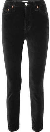 High Rise Ankle Crop Stretch-velvet Skinny Pants - Black