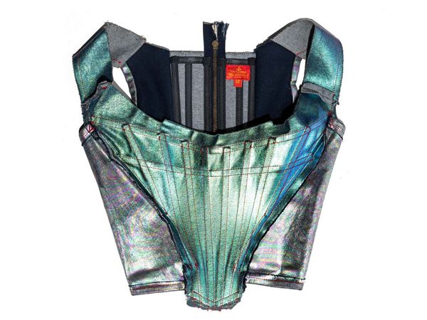 Vivienne Westwood metallic foiled denim corset, jacket and pants, ss 1993 For Sale at 1stDibs