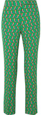 Printed Cropped Crepe Slim-leg Pants - Green