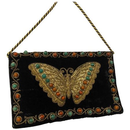 1970s Black Velvet Handbag With Embroidered Butterfly & Semi-precious Stones