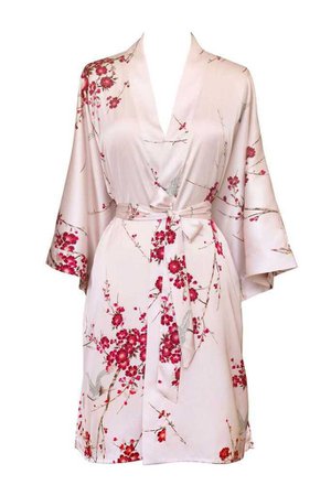 Cherry Blossom & Crane Short Kimono Robe in Rose Quartz | KIM + ONO