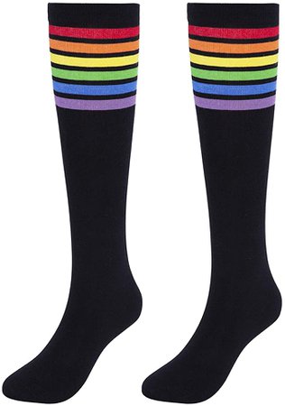KONY Women's 3 Pairs Cotton Colorful Striped Rainbow Knee High Socks Comfortable Stay Up Best Gift Size 6-10 (White) at Amazon Women’s Clothing store