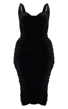 Plus Black Velvet Ruched Midi Dress | PrettyLittleThing USA