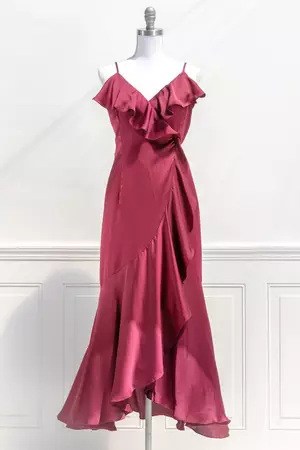 Romantic Vintage Style Holiday Cocktail Dresses - The Sylvia Satin Wrap Dress in Burgundy - Amantine