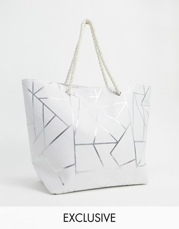 South Beach Exclusive geometric print beach tote bag in white canvas | ASOS