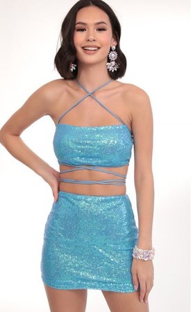 Skirts > Eva Iridescent Sequin Set in Blue