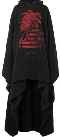 Oversized Printed Cotton-terry Hooded Cape - Black