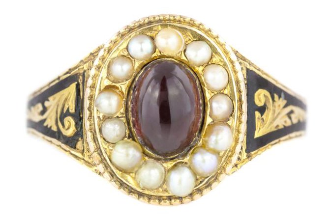 Victorian Garnet Cabochon and Pearl Mourning Ring – Lillicoco