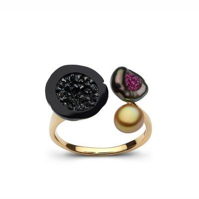 3 Pearl Ring with Black Diamonds and Rubies – littlehjewelry