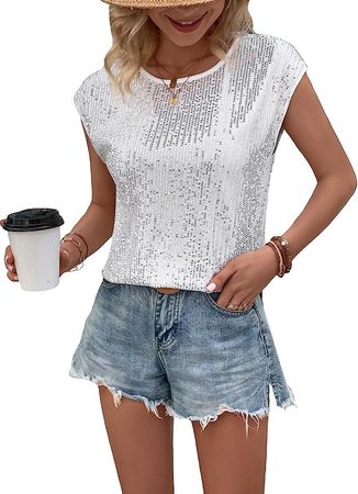 SweatyRocks Women's Round Neck Glitter Sequins Shirts Top Casual Cap Sleeve Party Tee Tops Champagne L at Amazon Women’s Clothing store