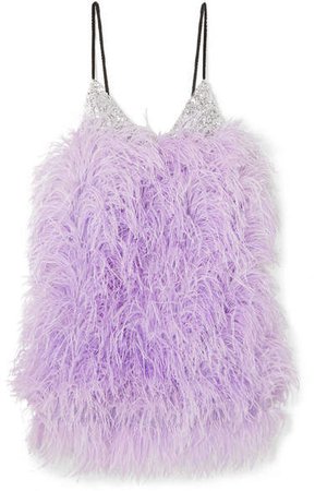 Feather-embellished Sequined Tulle Mini Dress - Lilac