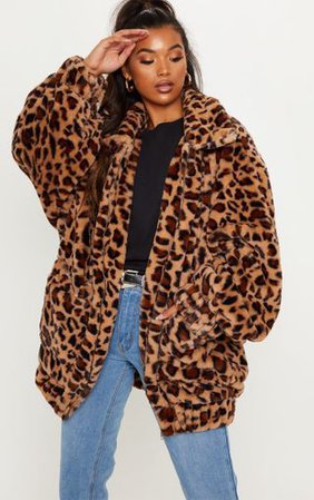 Tan Leopard Faux Fur Pocket Front Coat | PrettyLittleThing
