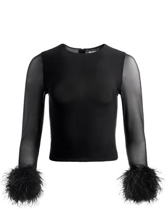 Delaina Feather Cuff Sleeve Top In Black | Alice And Olivia