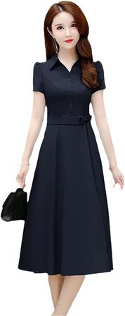 Solid Shirt Dress Women Elegant Lapel Sashes Short Sleeve A-Line Dresses Office Lady at Amazon Women’s Clothing store