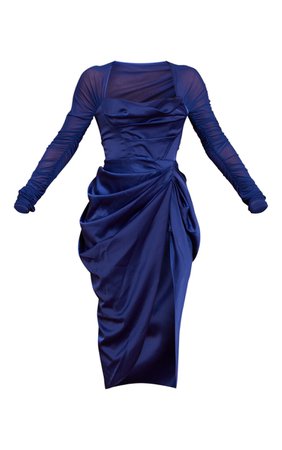 Navy Square Neck Mesh Sleeve Draped Midi Dress | PrettyLittleThing USA