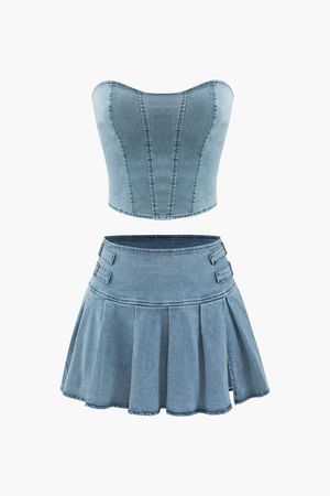 Denim Strapless Top And Pleated Mini Skirt Set – Micas