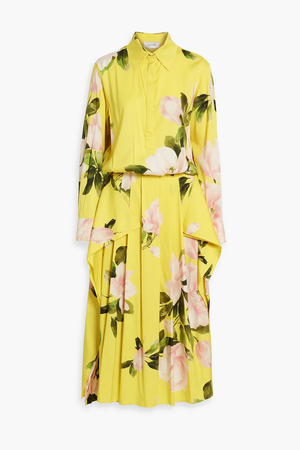 VALENTINO Pleated floral-print silk-blend twill midi shirt dress